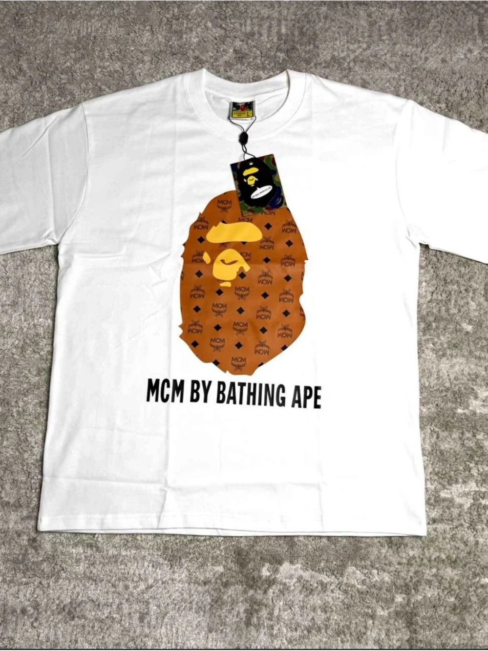 MCM White Tee with Orange & Yellow Ape Graphic — MCM by A Bathing Ape